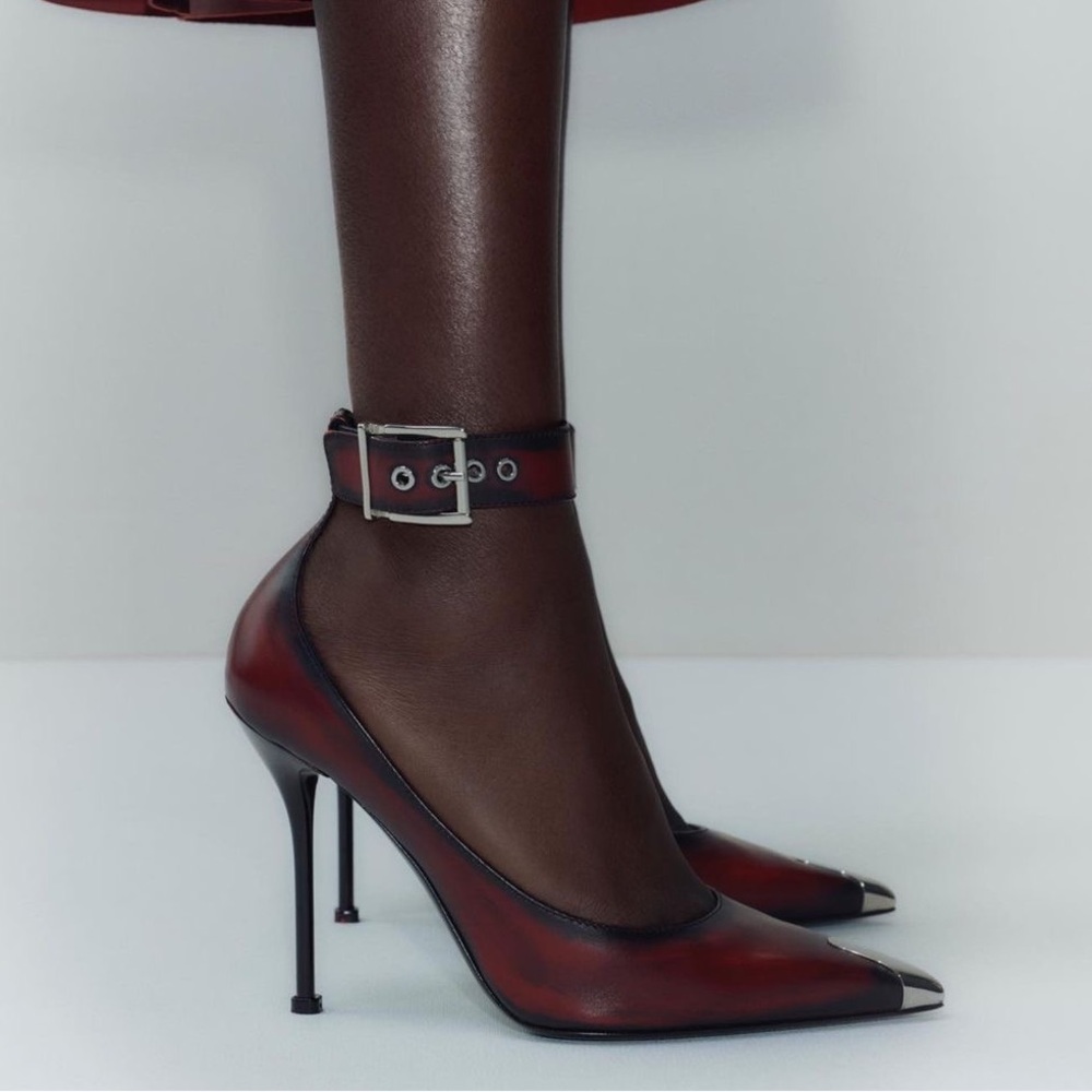 Alexander McQueen welsh red leather ankle buckle heels